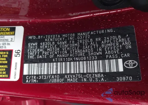 2022 Toyota Camry Le Awd z USA, uszkodzony, nr VIN 4T1R11BK1NU061233